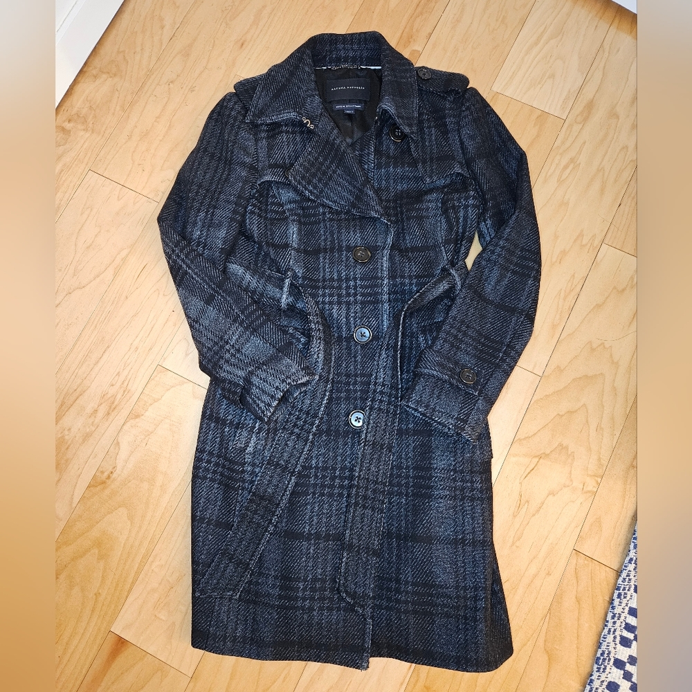 Banana Republic | Black & Gray Plaid Check Italian Wool Blend Trench Coat XSP